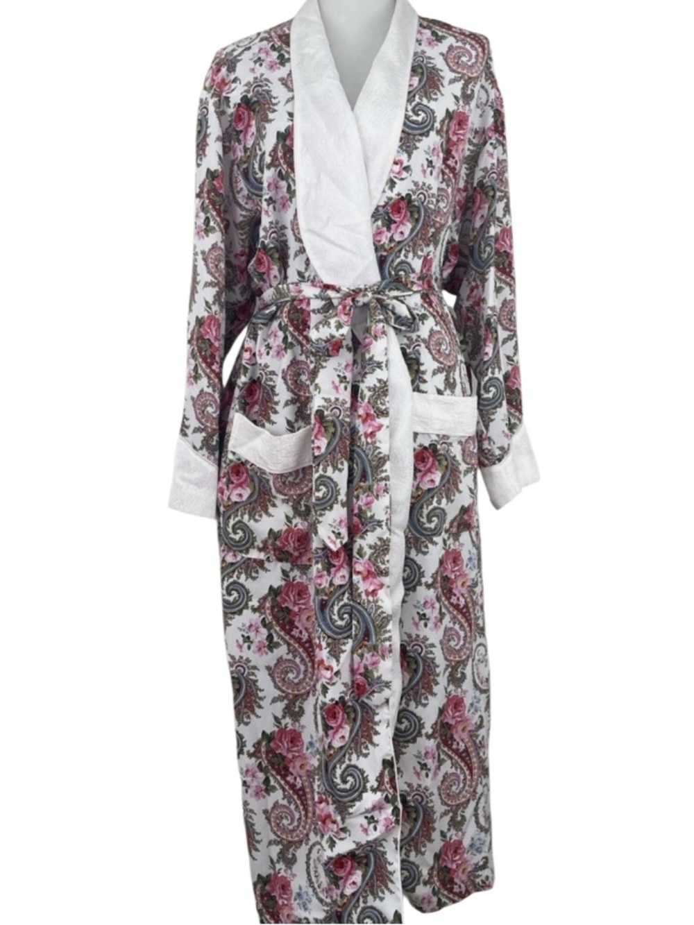 Victorias Secret Vintage Long Paisley Print Robe w/ White Trim. Pockets. Size M
